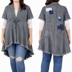 Vintage Jacket Womens L/XL Gray Chevron Patch Short Sleeve Trashed Lagenlook